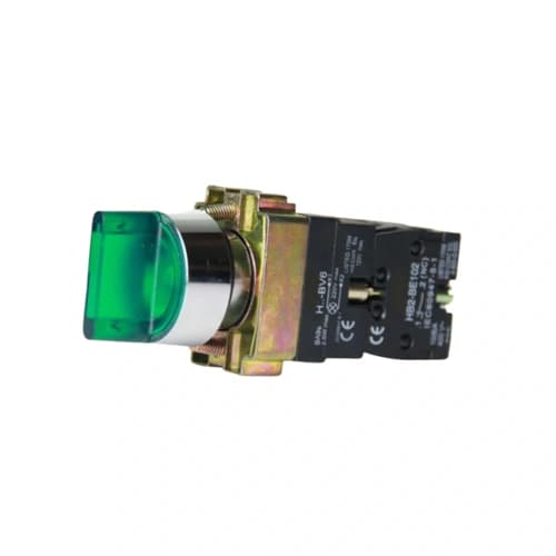 Comutador metálico manopla curta iluminado verde 22mm 3 posições fixas 1NA+1NF, HB2-BK3365